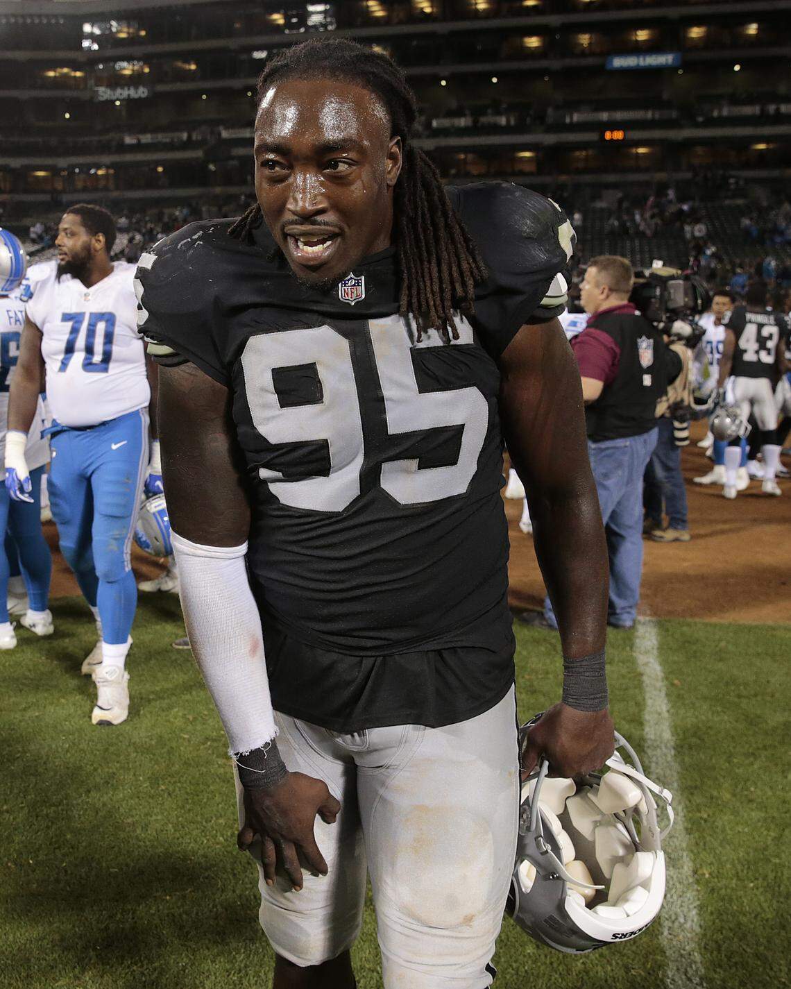 Oakland Raiders defensive end Fadol Brown (95) after an NFL preseason football game against the Detroit Lions in Oakland, Calif., Friday, Aug. 10, 2018.