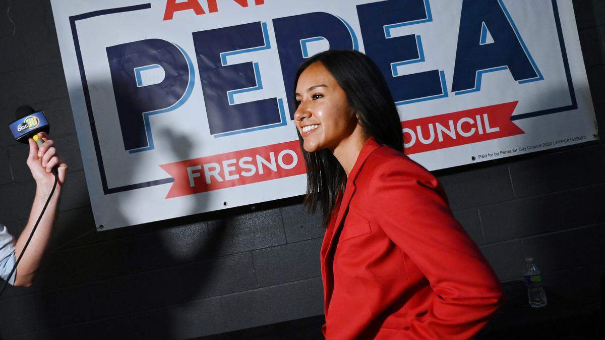 Fresno City Council District 1 candidate Annalisa Perea prepares to be interviewed by a local tv station at the election night party held at Full Circle Brewing Company Tuesday, June 7, 2022 in Fresno.