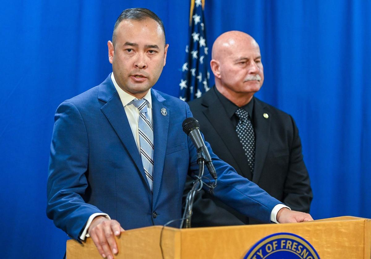 Fresno City Attorney Andrew Janz addresses the media while during a news conference announcing the resignation of the city’s police chief Paco Balderrama following a scandal in which the chief had an inappropriate affair with another officer’s wife, at Fresno City Hall on Tuesday, June 25, 2024.