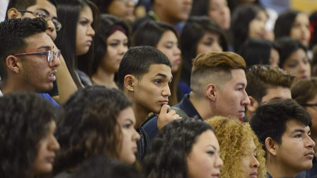 Parlier High School students listen during a rally held in 2015.