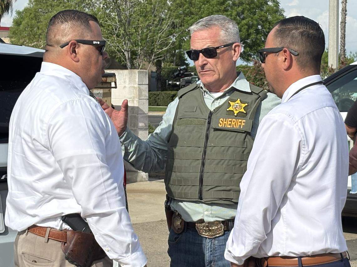 Sheriff Mike Boudreaux outside the Tulare County Coroner’s Office in Tulare, where the body of a deputy killed in the line of duty in Porterville was taken on Thursday, April 9, 2026.
