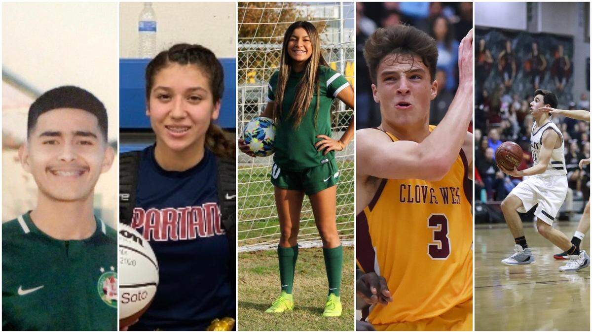 The Fresno Bee Players of the Week for January 20-25, 2020. From left to right the nominees are Emiliano Corona of Lindsay, Jazmine Soto of Strathmore, Marissa Montelongo of Kingsburg, Cole Anderson of Clovis West and Bryson Graham of Fresno Christian.