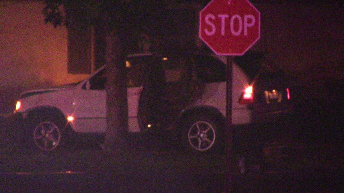 Fresno Police and Fresno Fire Departments responded to a vehicle collision into a fire hydrant after two men were shot on Wednesday, June 2, 2021.