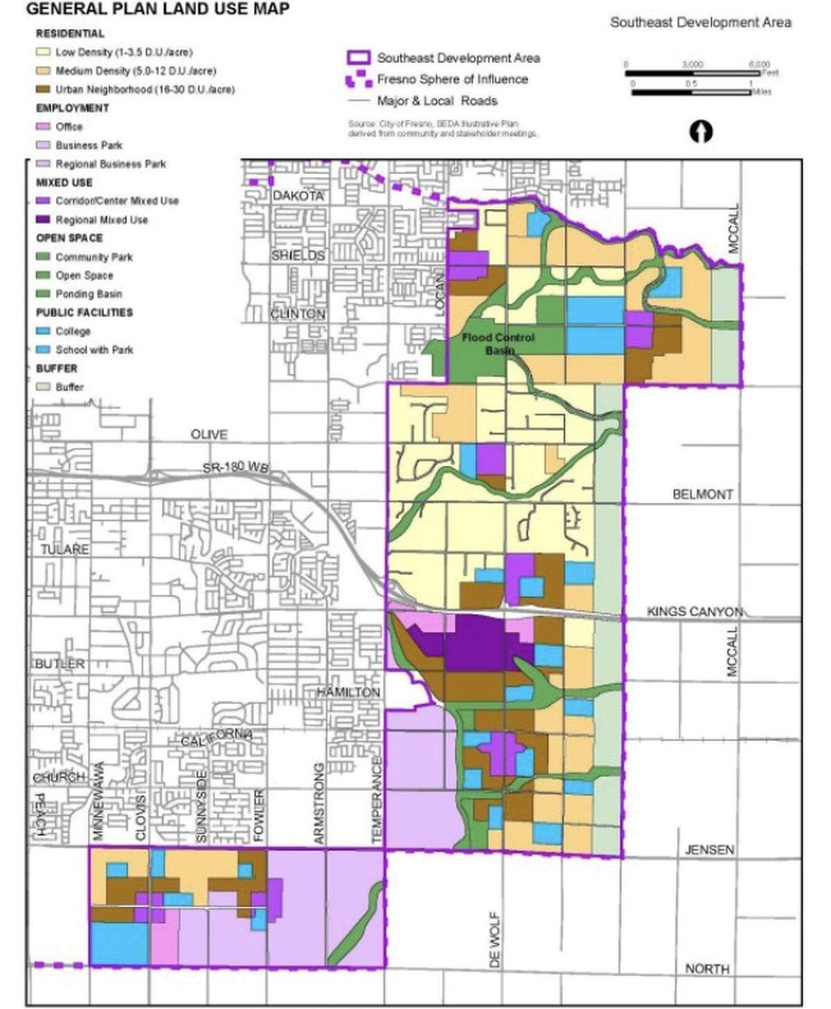 Land use map for the proposed 9,000-acre Southeast Fresno Development Area (SEDA), whose specific plan is scheduled to go before the Fresno City Council in June. During the May 1, 2025, council meeting, Mayor Jerry Dyer expressed support for moving forward only with the southernmost portion between Jensen, North, Minnewawa and Temperance avenues.