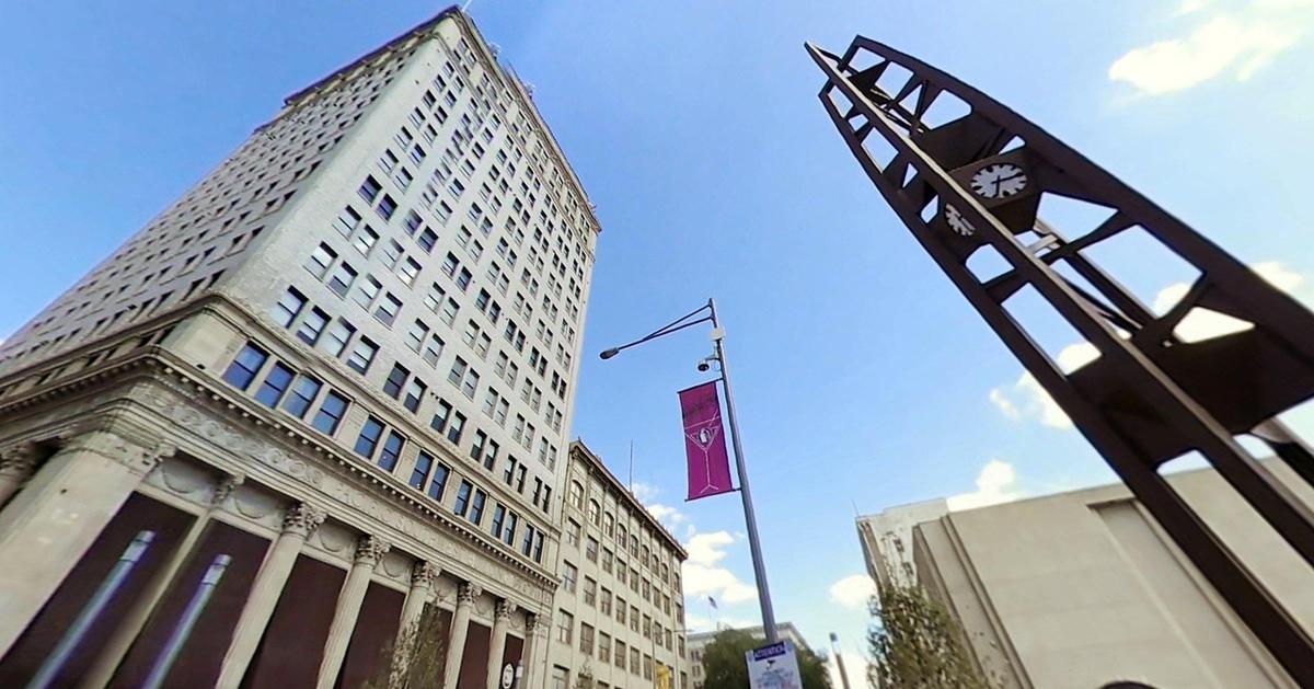 An image taken from a 360 video camera shows the Pacific Southwest building and clock tower on Fulton and Mariposa streets in downtown Fresno on Tuesday, April 17, 2018.