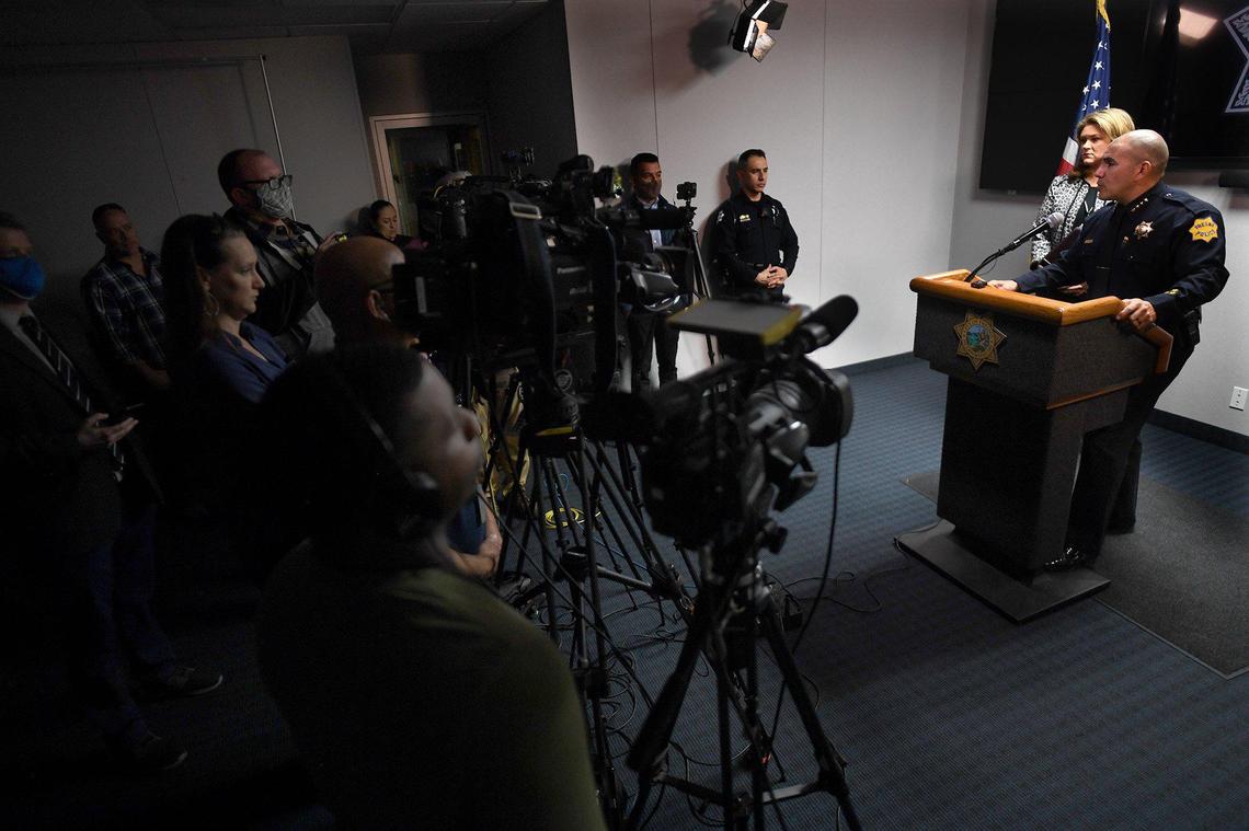 Fresno Police Chief Paco Balderrama announces the arrest of veteran police sergeant Donald Dinell, on suspicion of DUI, drug possession and robbery, at a press confernce, March 2, 2022, with Fresno County DA Lisa Smittcamp, at police headquarters.