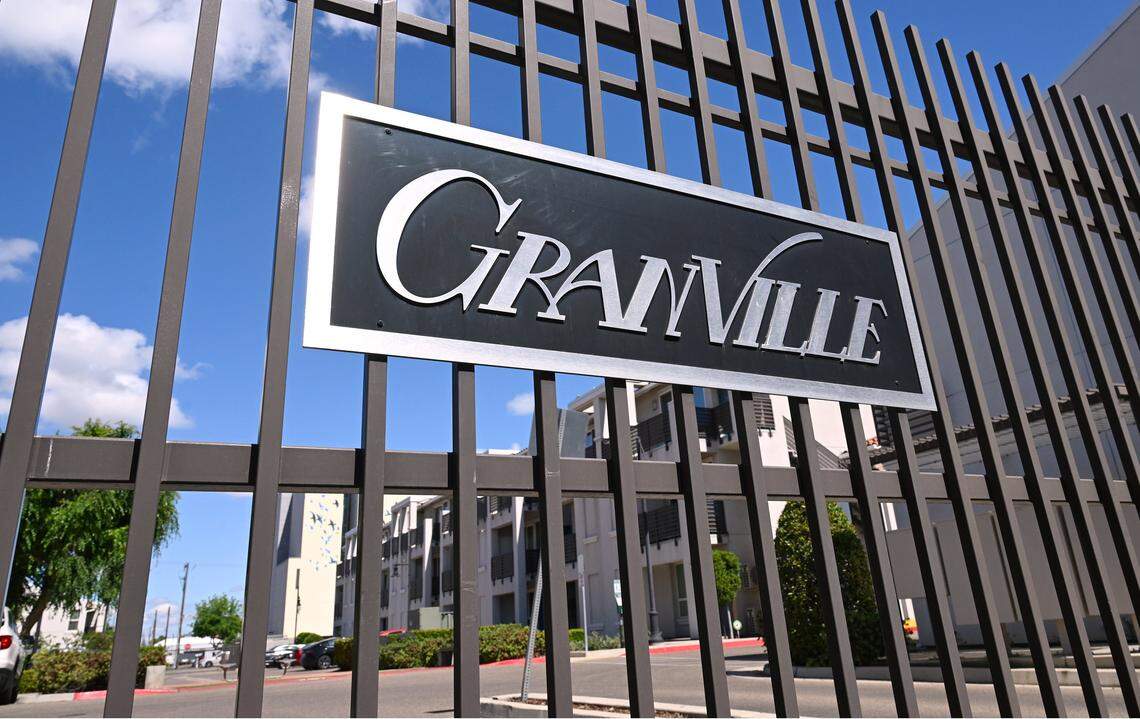 A gated entry for The Lede by Granville Homes, photographed Wednesday, April 22, 2026 in downtown  Fresno. Granville Homes has posted its entire portfolio for sale. 