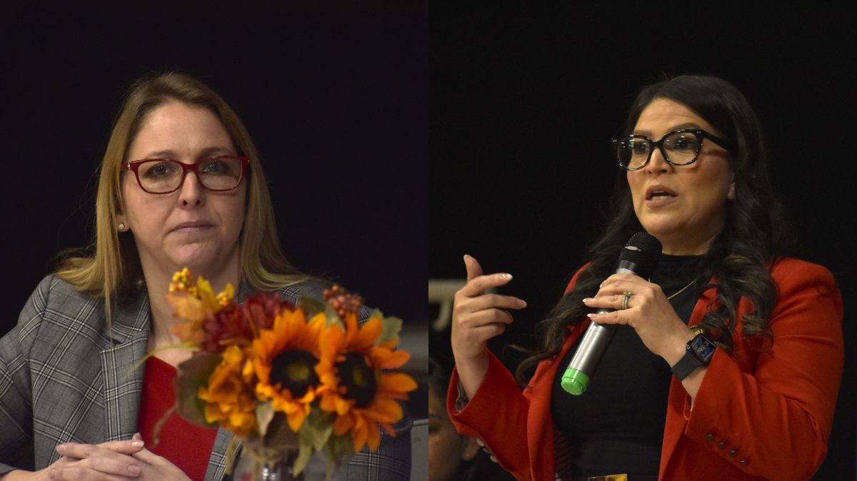 Joanna Garcia Rose, left, a Republican, is challenging California Assemblymember Esmeralda Soria, D-Fresno, for her seat in the 2024 election. They are pictured at a forum in Madera on Friday, Feb. 23, 2024.