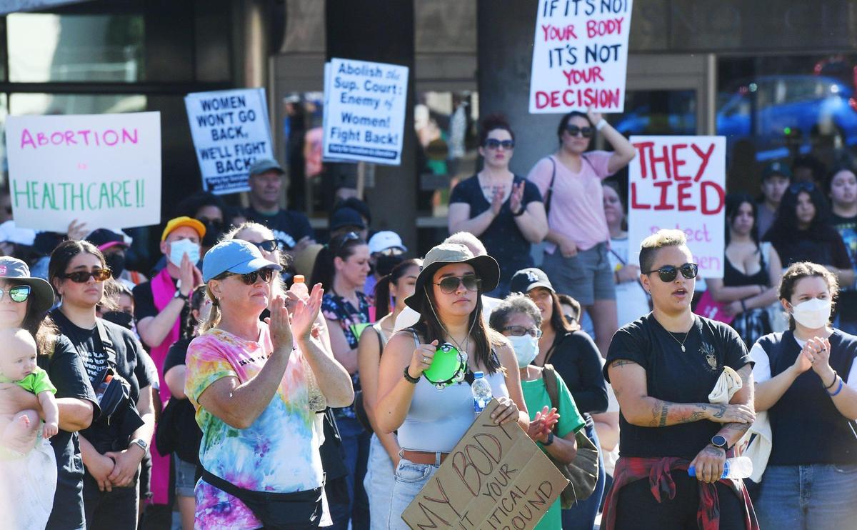 Hundreds turned out to protest the Supreme Court’s overturning of Roe v. Wade Saturday morning outside City Hall, June 25, 2022, in Fresno.