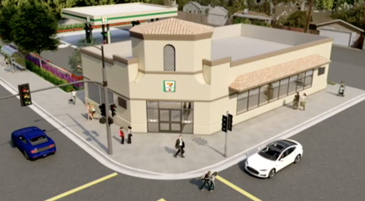 An artist’s conception shows the design for the 7-Eleven that will come in 2021 on the northwest corner of Cedar and Tulare avenues.