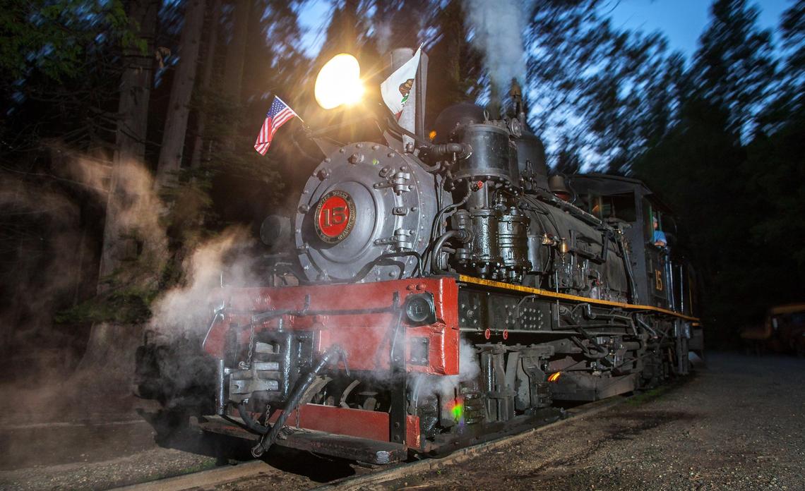 The number 15 Shay locomotive prepares to depart for the return trip of a Yosemite Mountain Sugar Pine Railroad “moonlight special” excursion through the Sierra National Forest on Wednesday, June 6, 2019.