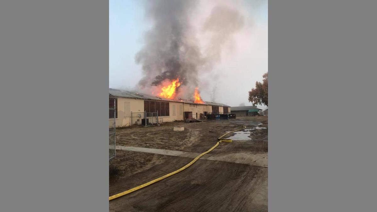 The Tulare County Fire Department released this photo of a fire at East Union School east of Visalia. Visalia Unified uses the building to store textbooks.