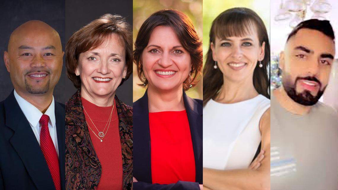 Clovis City Council candidates: From left, incumbents Vong Mouanoutoua and Lynne Ashbeck, and challengers Noha Elbaz, Diane Pearce and Herman Nagra.