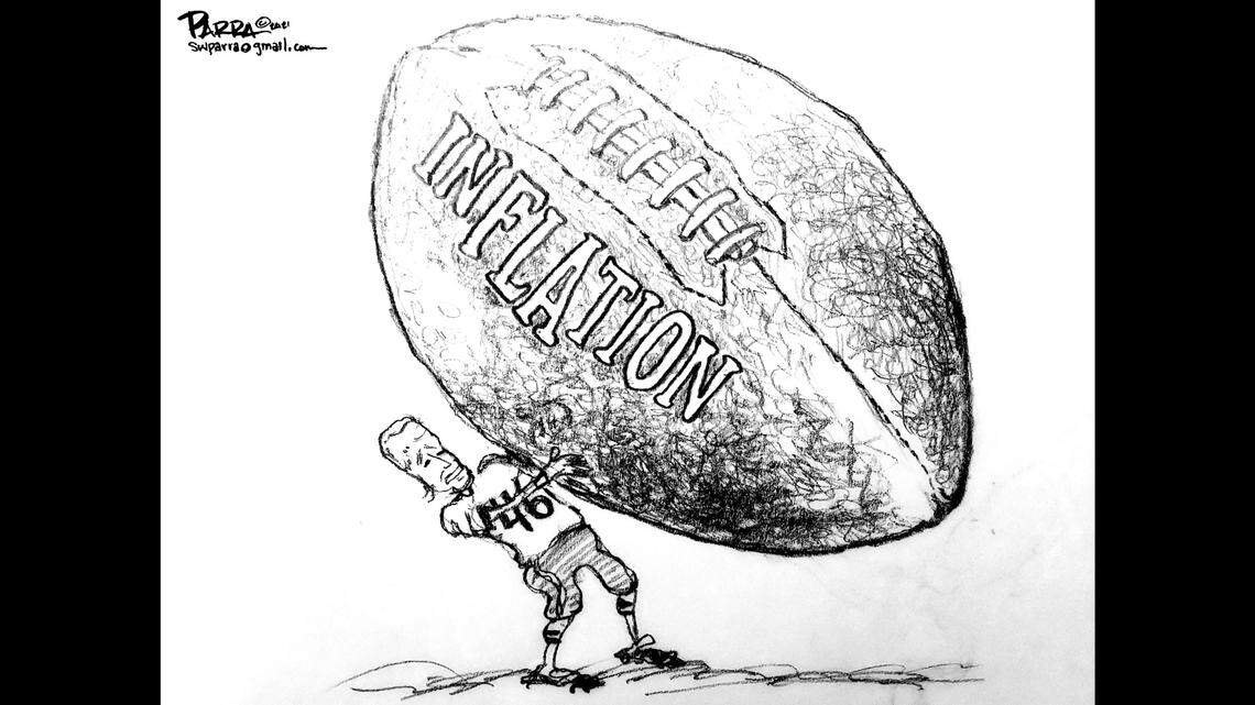Fresno Bee opinion cartoon: Biden as quarterback juggling oversized inflation football