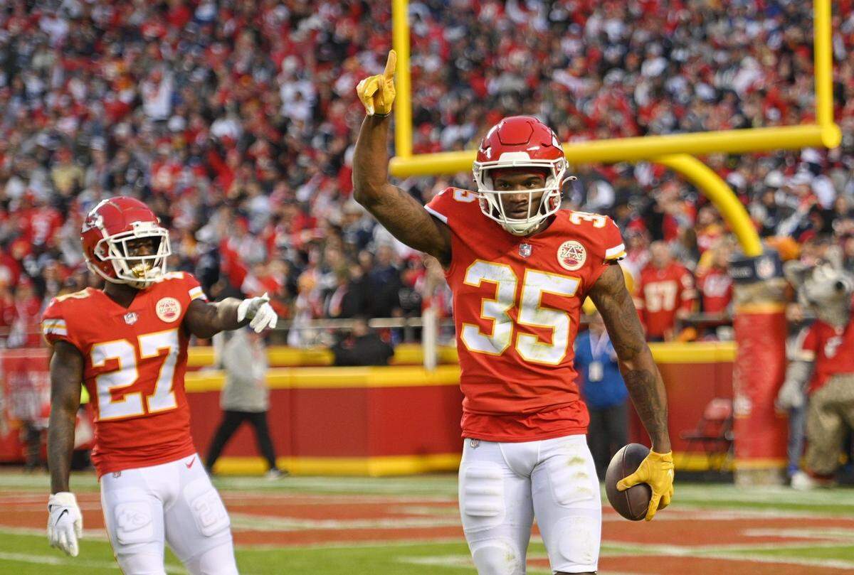 Charvarius Ward celebrates an interception in the end zone during the first half of the Dallas-Kansas City game on Sunday, Nov. 21, 2021 at Arrowhead Stadium in Kansas City.
