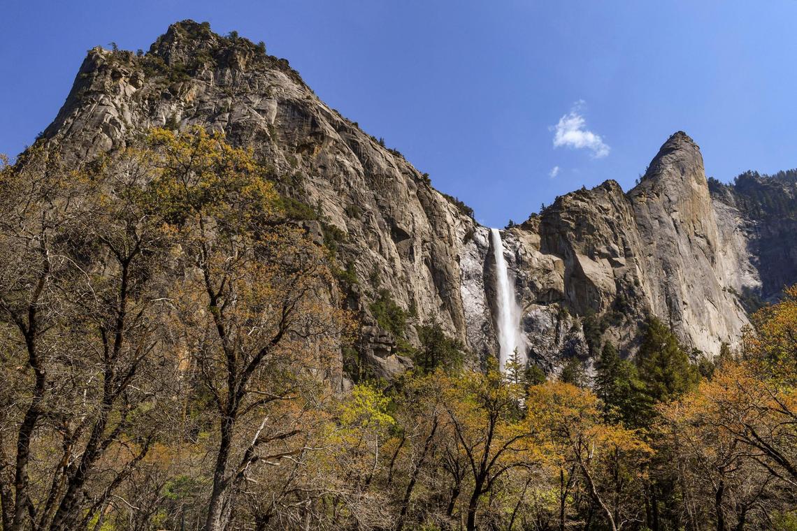 Water rushes over Bridalveil Fall in Yosemite Valley in spring near the Bridalveil trail in Yosemite National Park on Friday, April 23, 2021.