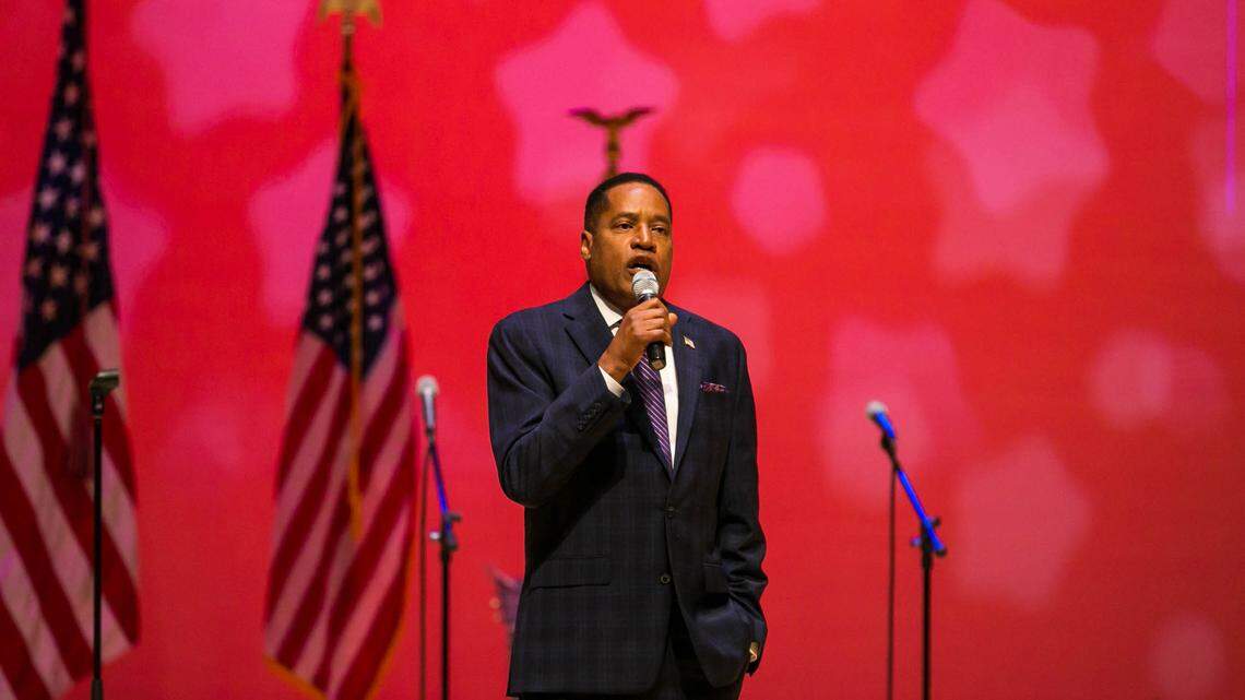 Republican recall candidate Larry Elder speaks during a rally at the Paul Shaghoian Concert Hall on Sunday, Aug. 22, 2021.