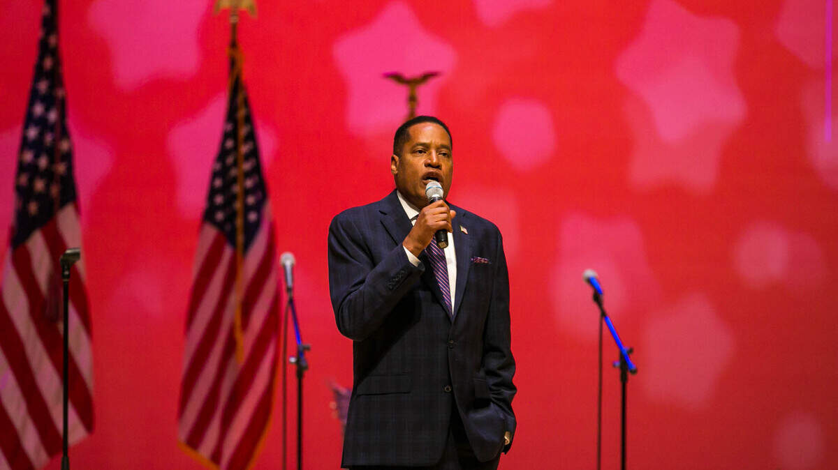Republican recall candidate Larry Elder speaks during a rally at the Paul Shaghoian Concert Hall on Sunday, Aug. 22, 2021.