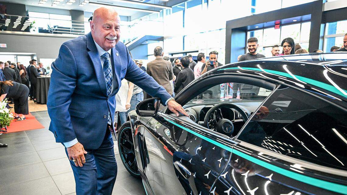 Fresno Mayor Jerry Dyer checks out a new Mercedes-Benz AMG GT 63 Coupe during an event to celebrate the newly upgraded Mercedes-Benz of Fresno facility on Tuesday, April 14, 2026. The dealership has recently completed a $4 million renovation to its showroom and service department. 