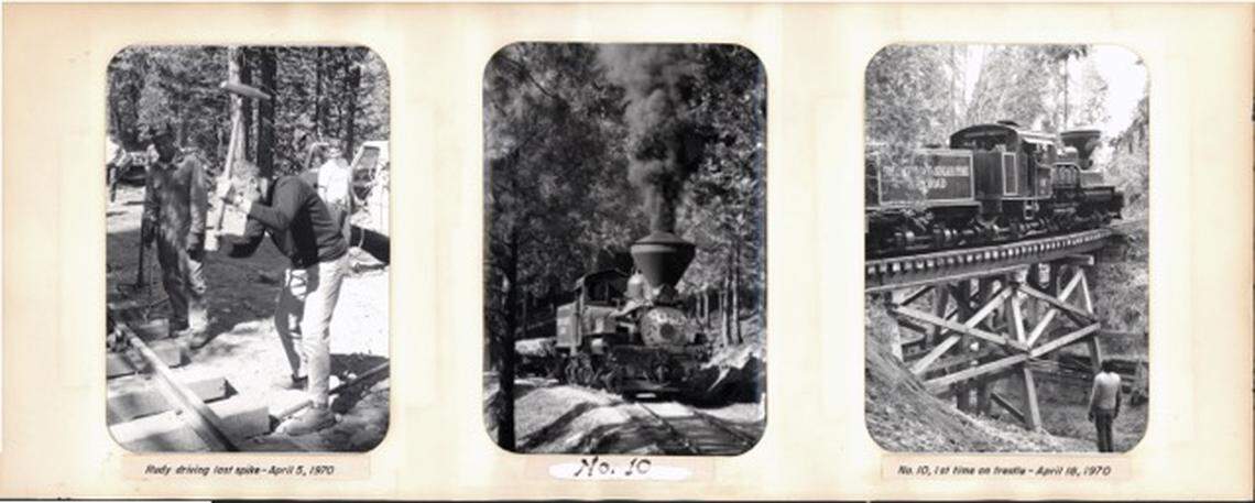 Old photos of early days at the Yosemite Mountain Sugar Pine Railroad near Yosemite National Park.