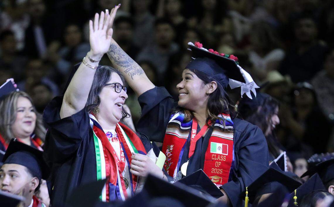 Graduates savors the moment during Fresno State’s 49th Chicano/Latino Commencement Celebration at the Save Mart Center on May 17, 2025.