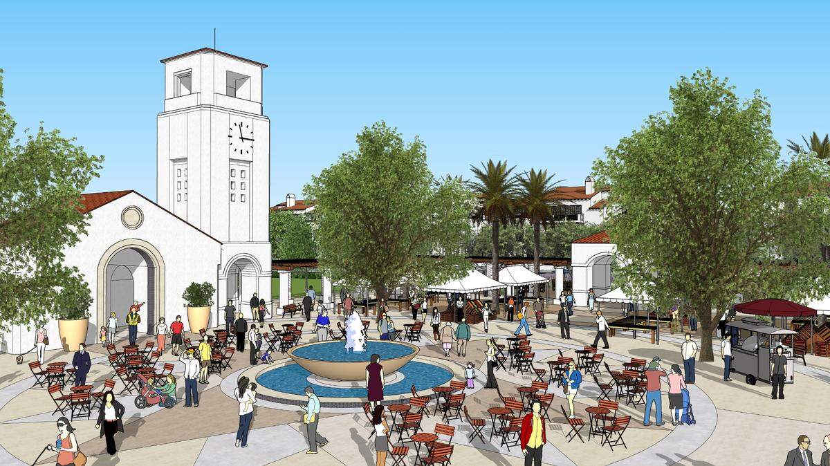 An artist’s rendering of a clock tower and central fountain plaza inside the village green area of Clovis’ Loma Vista urban growth area. A construction bid for the 6.2-acre village green was recently awarded with completion scheduled for the fall of 2023.