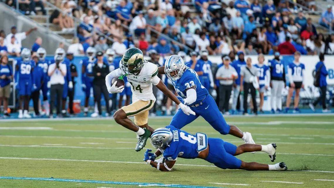 Tory Horton breaks a tackle against Middle Tennessee State in a college football game in 2023. Horton was selected in the fourth round of the NFL Draft on Saturday, April 26, 2025.