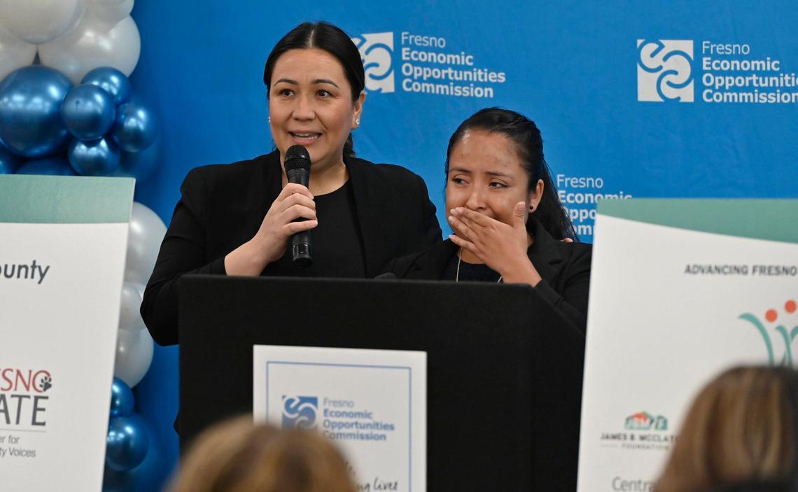 An emotional Nancy Ramirez, right, one of 150 recipients for the new Advancing Fresno County Guaranteed Income program to fight poverty, thanks the program for being chosen Wednesday, July 17, 2024 in Fresno. The program will provide $500 a month for one year to 150 chosen families to help fight poverty.