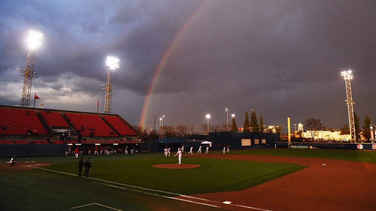 A rainbow is displayed over Beiden Field, the site of the 2019 Central Section baseball championships.