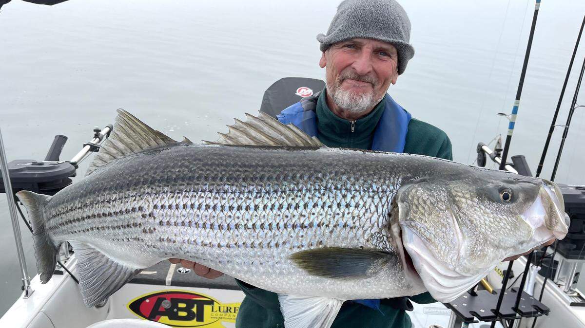 Sonny Johansen of Clovis shows off a personal-best, 30.1-pound striper caught Nov. 13 at San Luis Reservoir on a trip with guide Roger George. The duo got a rare “30-30” when George caught a 32-pounder on the same trip.