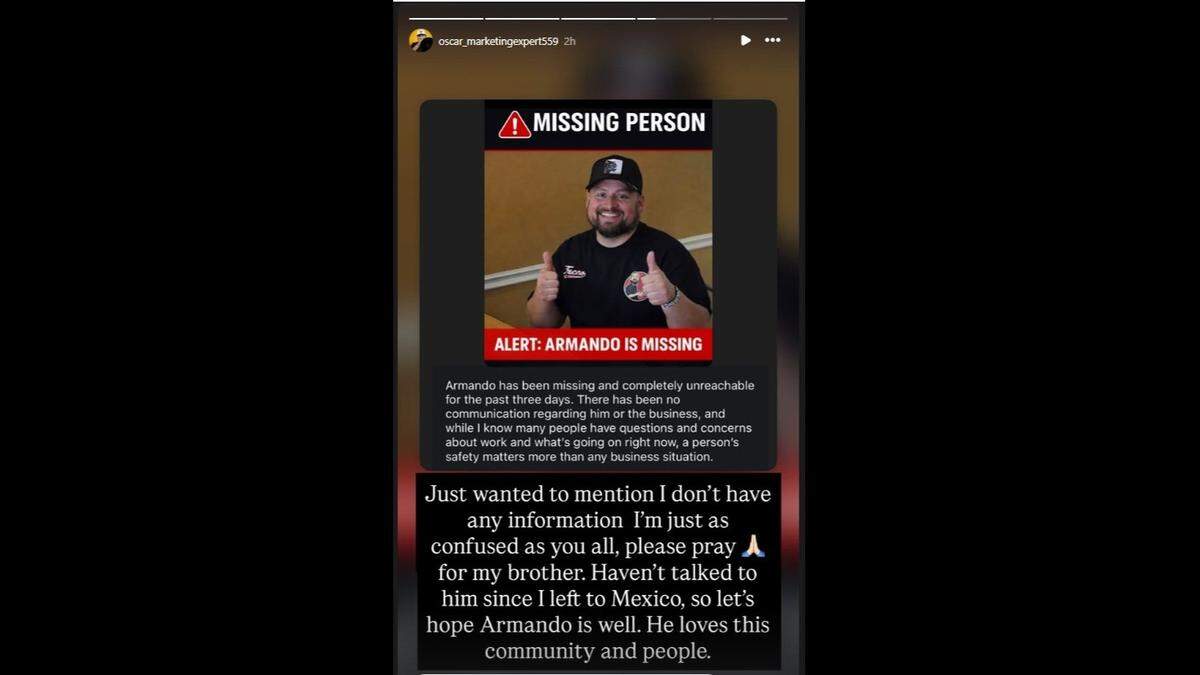 Se publicó una publicación de Instagram sobre Armando Arias el lunes. El dueño de Tacos El Cabezon, ha sido reportado como desaparecido al Departamento de Policía de Fresno.