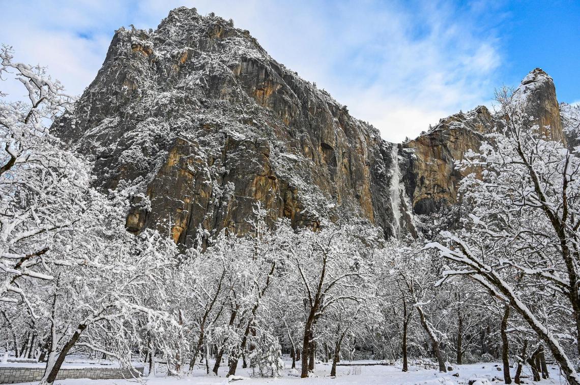 Snow covers the trees below an icy Bridalveil Fall in Yosemite on Wednesday, Dec. 15, 2021, following a snowstorm the day before.