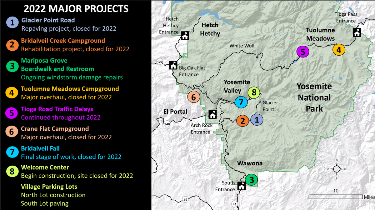A graphic shared by Yosemite National Park during a public meeting on April 14, 2022 highlighting major construction projects planned in Yosemite in 2022.
