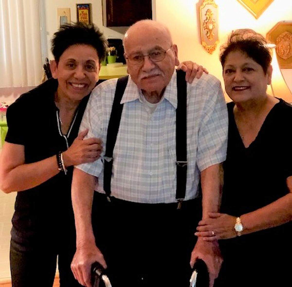 Pasqual Reyes with daughters Yvonne Reyes and Nancy Bustos on his 96th birthday.