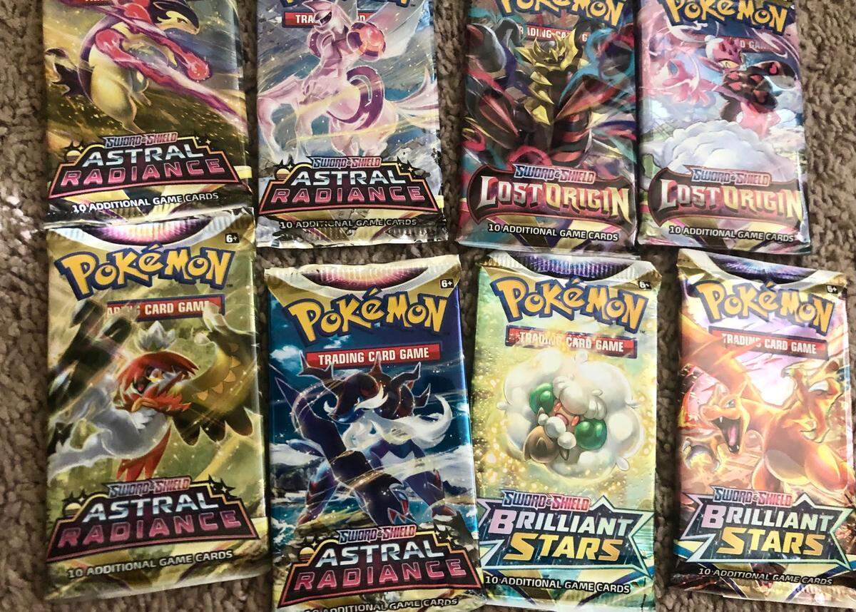 Pokemon cards are hot commodities with people willing to wait hours for the opportunity to buy certain products. The packs shown here are from Pokemon’s Sword & Shield era.