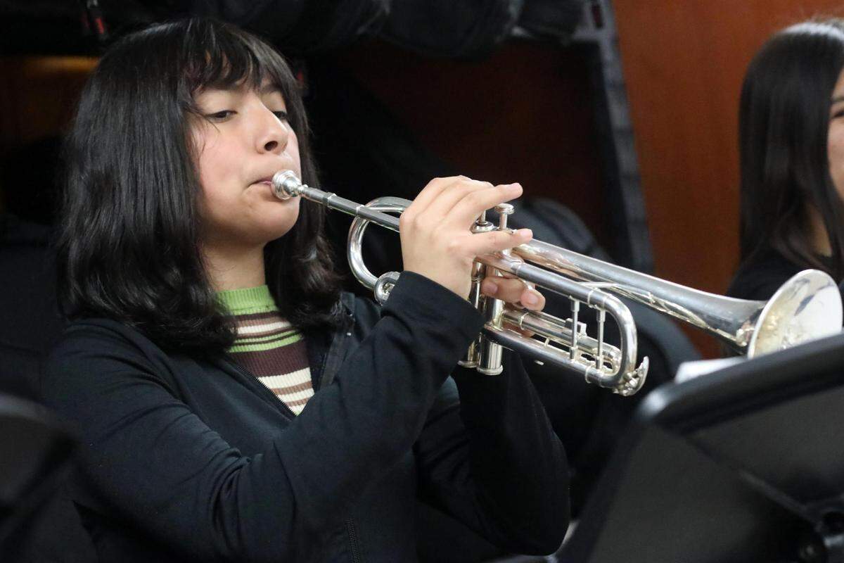 Orosi High School Mariachi Cardenal trumpet player during the mariachi class on Wednesday, March 15, 2023.