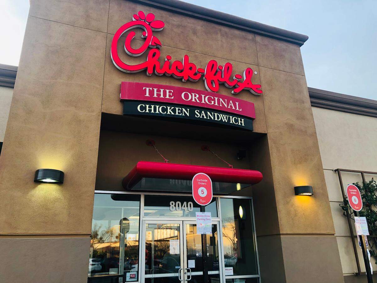 The Chick-fil-A restaurant located at 8040 N. Blackstone Avenue in Fresno, CA.