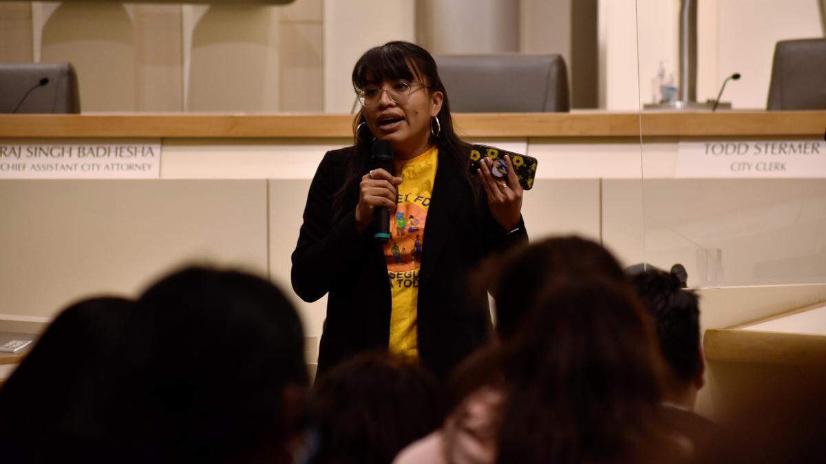 Sarait Martinez, executive director of the Centro Binacional para el Desarollo Indígena Oaxaqueño, the Binational Center for the Development of Oaxacan Indigenous Communities, addressed a crowd including farmworkers and undocumented workers at Fresno City Hall on March 24, 2023. The organization she leads coordinated the meeting between community members, organizations and government representatives to advocate for social safety net benefits for all people regardless of immigration status.
