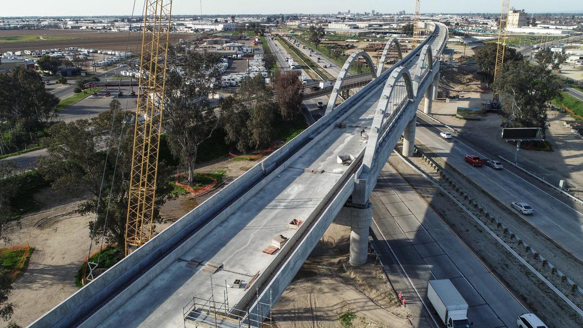 The Cedar Avenue viaduct of the California High-Speed Rail project crosses over Highway 99 south of Fresno while still under construction on Friday, Feb. 17, 2023.