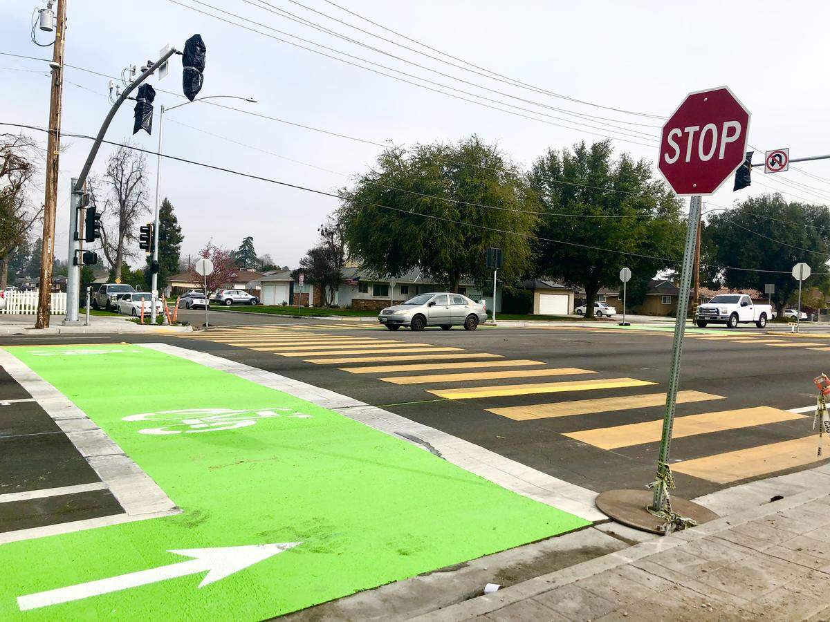 Stop signs have been installed on Barstow Avenue near Bond Street in hopes of improving pedestrian safety near Hoover High in northeast Fresno. Stop lights have been installed, too, but not yet been activated.
