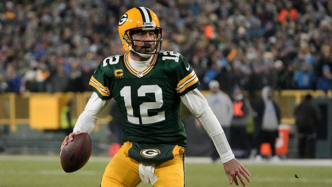 Green Bay Packers’ Aaron Rodgers during the first half of an NFL game against the Detroit LionsSunday, Jan. 8, 2023, in Green Bay, Wis.