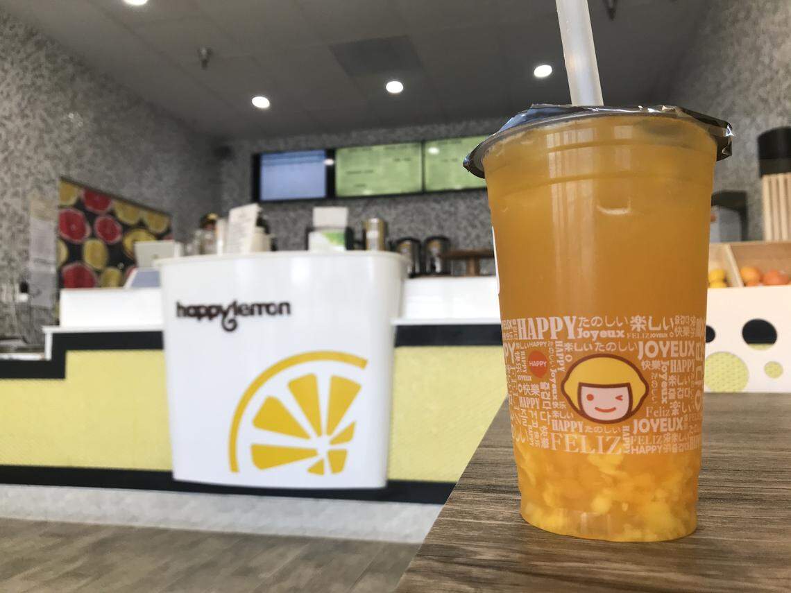 This mango tea with mango pieces is one of many drinks available at Happy Lemon, a global boba chain that has opened a location in Fresno.