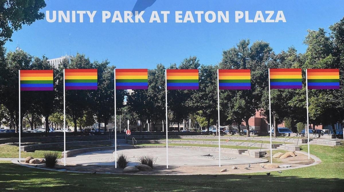 Artistic depiction of the pride flag displayed at Mayor Jerry Dyer’s proposed Unity Park at Eaton Plaza, as shown during a news conference at Eaton Plaza, Thursday, June 3, 2021.