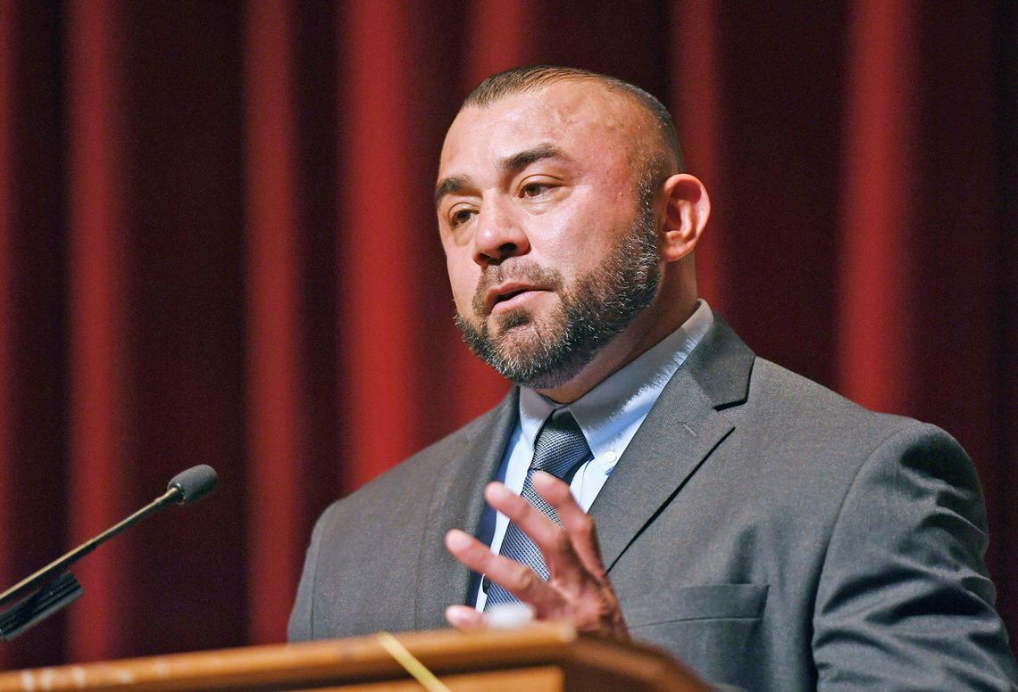 Dr. Robert Pimentel, Vice President of Educational Services & Institutional Effectiveness for Fresno City College, a finalist, seen presenting at the Fresno City College President Candidate Forum held in the Old Administration Building Tuesday, April 19, 2022 in Fresno.