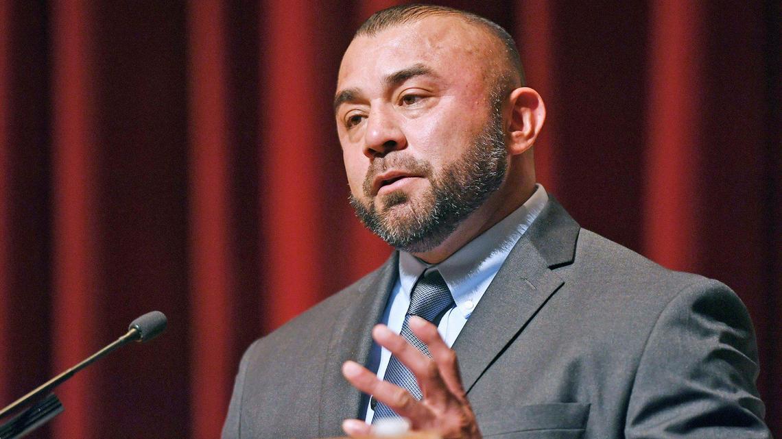 Dr. Robert Pimentel, Vice President of Educational Services & Institutional Effectiveness for Fresno City College, a finalist, seen presenting at the Fresno City College President Candidate Forum held in the Old Administration Building Tuesday, April 19, 2022 in Fresno.