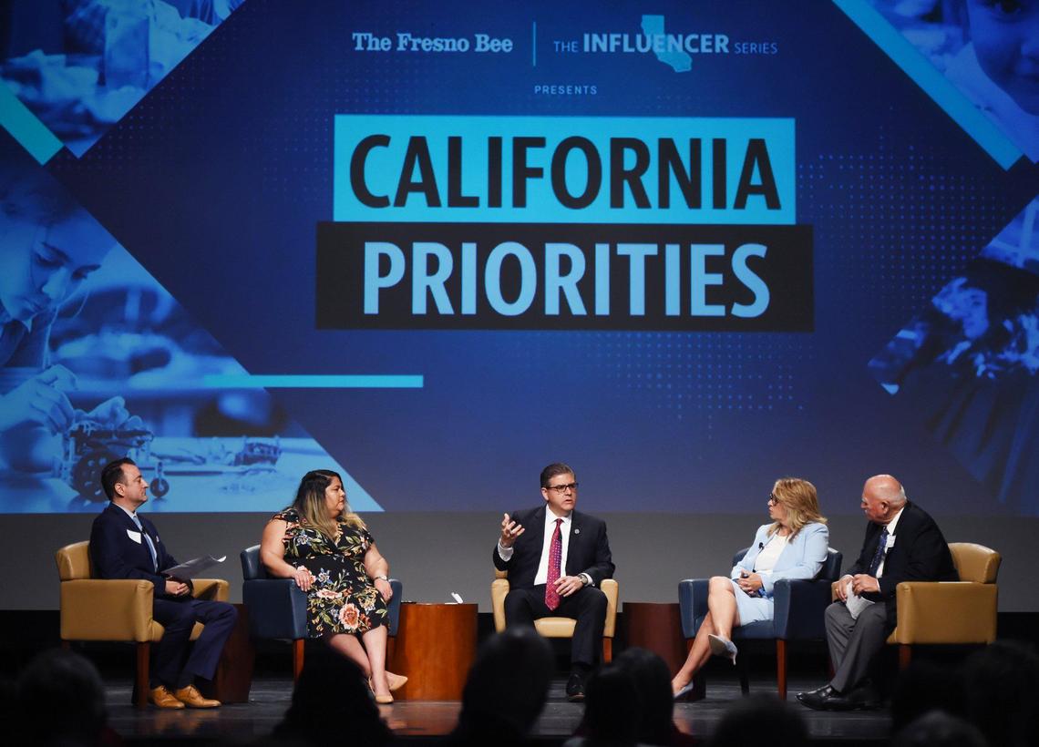 Fresno State President Dr. Joseph I. Castro, center, answers a question about access and affordability of higher education with moderator Joe Kieta, editor of The Fresno Bee, far left; Campaign for College Opportunity Director Audrey Dow, second from left; Fresno City College President Dr. Carole Goldsmith, second from right; and former University of California Board of Regents member Fred Ruiz, far right, at the Fresno Bee’s California Priorities: Focus on Education summit held at Fresno State’s Satellite Student Union Wednesday, Sept, 2019 in Fresno.