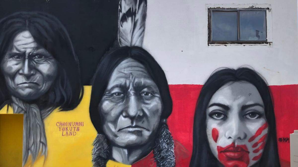 Mural near downtown Fresno by Fresno-based Choctaw artists, James Martin and Bobby Von Martin, acknowledges Indigenous leaders and the crisis of missing and murdered Indigenous women and girls.