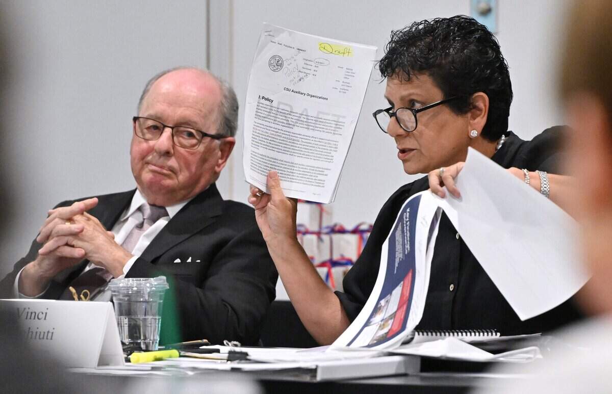 Chair of Governance Committee George Soares, left, listens as chairperson Vinci Ricchiuti, right, discusses governance reforms in board composition and term limits from a critical report during the final full board meeting for the Fresno State Foundation Tuesday afternoon, June 30, 2026 in Fresno.