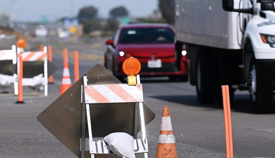 Traffic approaches Herndon Avenue along Golden State Blvd, site of the Herndon Avenue Underpass and Grade Separation Project which will begin road closures and construction on April 24. Photographed during a tour of HSR work Wednesday, April 15, 2026 in Fresno. 