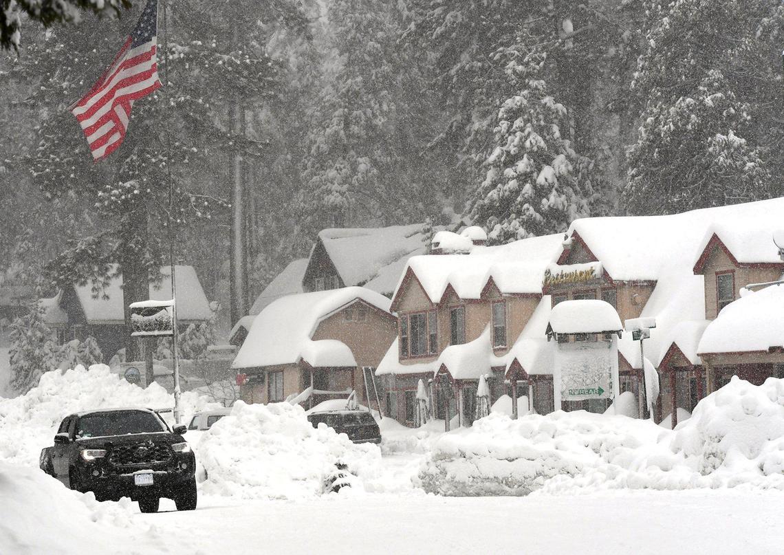 The snowed-under Shaver Lake Village, Thurs. Jan. 28, 2021. Snow plows were kept busy keeping 168 and driveways clear from the heavy snowfall.